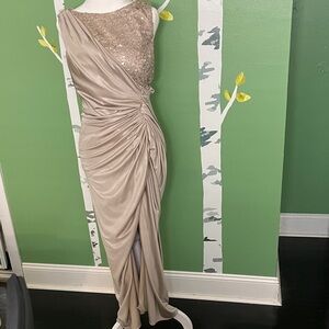 Adrianna Papell Asymmetrical Beige Sequin Dress
